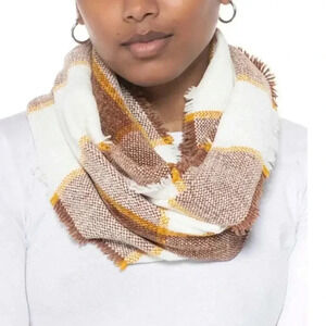 Charter Club Infinity Scarf Brown Ivory Multi Plaid Woven Chenille Loop Fringed